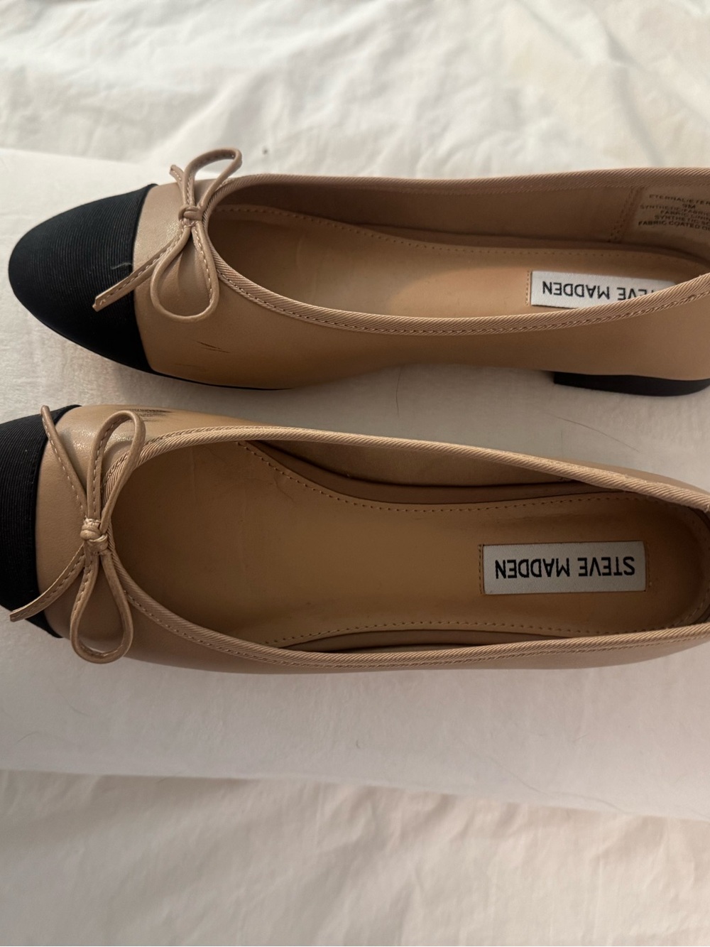 Steve Madden Nude and Black Bow Cap-Toe Ballet Flats